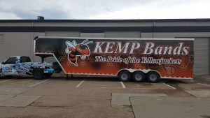 Trailer wrap for KEMP Bands on an enclosed gooseneck trailer by 1st Class Graphics in Mansfield, TX