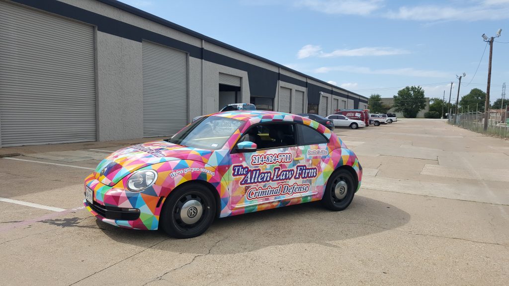 Full vehicle wrap for The Allen Law Firm on a Volkswagen Beetle by 1st Class Graphics in Mansfield, TX