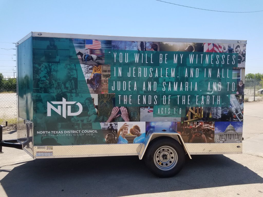 Trailer wrap for North Texas District Council on a cargo trailer by 1st Class Graphics in Mansfield, TX