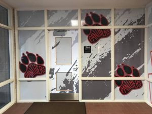 Window graphics on a school entry vestibule by 1st Class Graphics in Mansfield, TX