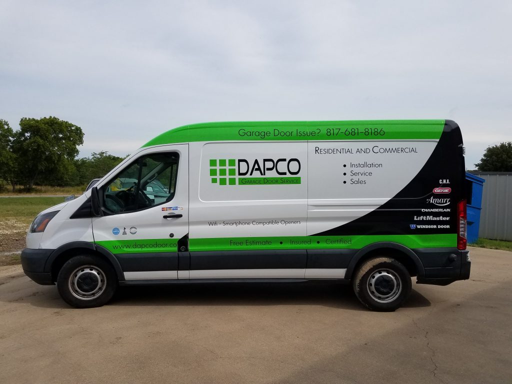 Van wrap for DAPCO Garage Door Service on a Ford Transit by 1st Class Graphics in Mansfield, TX