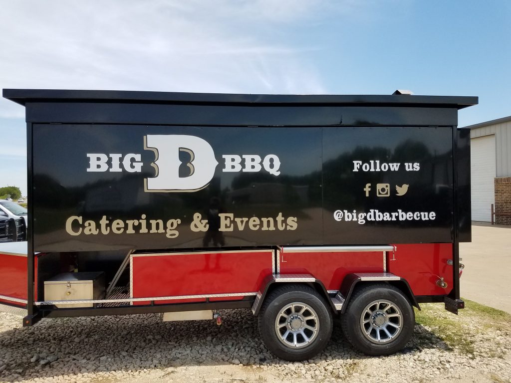 Vinyl lettering for Big D BBQ on a catering trailer by 1st Class Graphics in Mansfield, TX