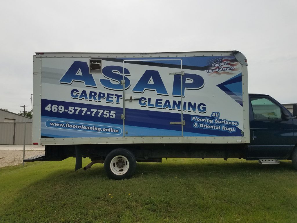Partial wrap for ASAP Carpet Cleaning on a box truck by 1st Class Graphics in Mansfield, TX