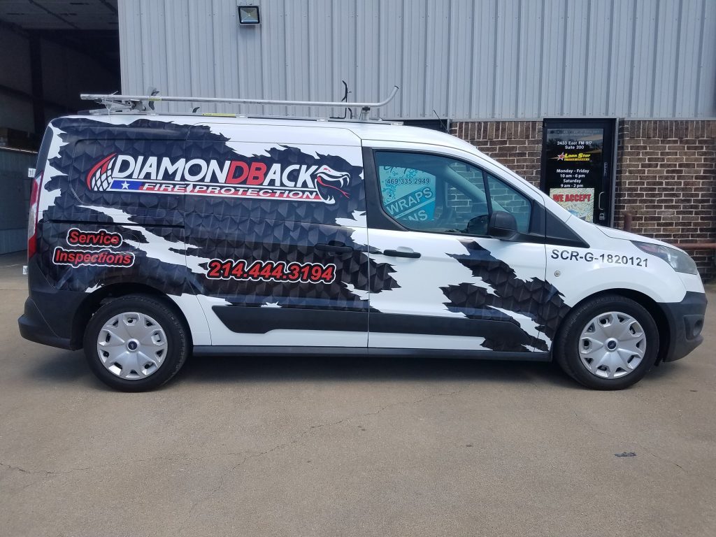 Van wrap for Diamondback Fire Protection on a Ford Transit Connect by 1st Class Graphics in Mansfield, TX