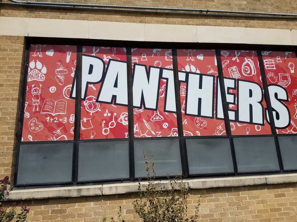 Window graphics on school building windows by 1st Class Graphics in Mansfield, TX