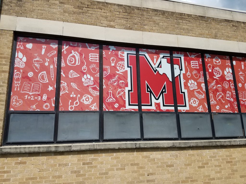 Window graphics on school building windows by 1st Class Graphics in Mansfield, TX