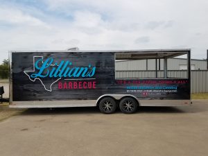 Trailer wrap for Lillian's Barbecue on a concession trailer by 1st Class Graphics in Mansfield, TX