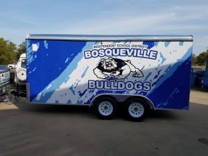 Trailer wrap for Bosqueville Independent School District Bulldogs on a cargo trailer by 1st Class Graphics in Mansfield, TX