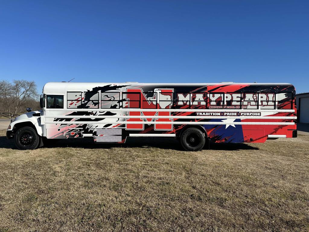 Partial wrap for Maypearl Independent School District on a Blue Bird school bus by 1st Class Graphics in Mansfield, TX
