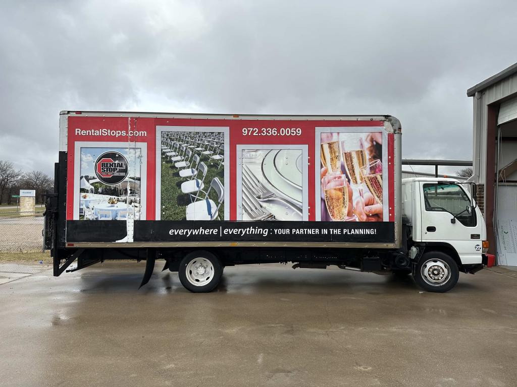 Partial wrap for Rental Stop on a box truck by 1st Class Graphics in Mansfield, TX