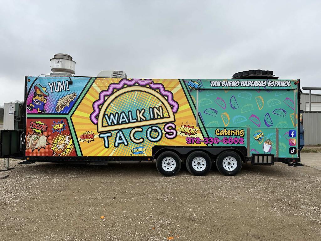 Food truck wrap for Walk In Tacos on a food trailer by 1st Class Graphics in Mansfield, TX