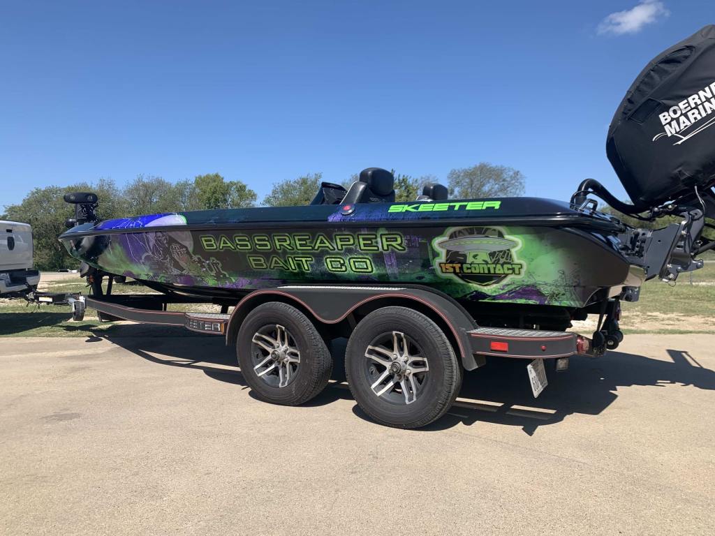Full vehicle wrap for Bassreaper Bait Co on a Skeeter bass boat by 1st Class Graphics in Mansfield, TX