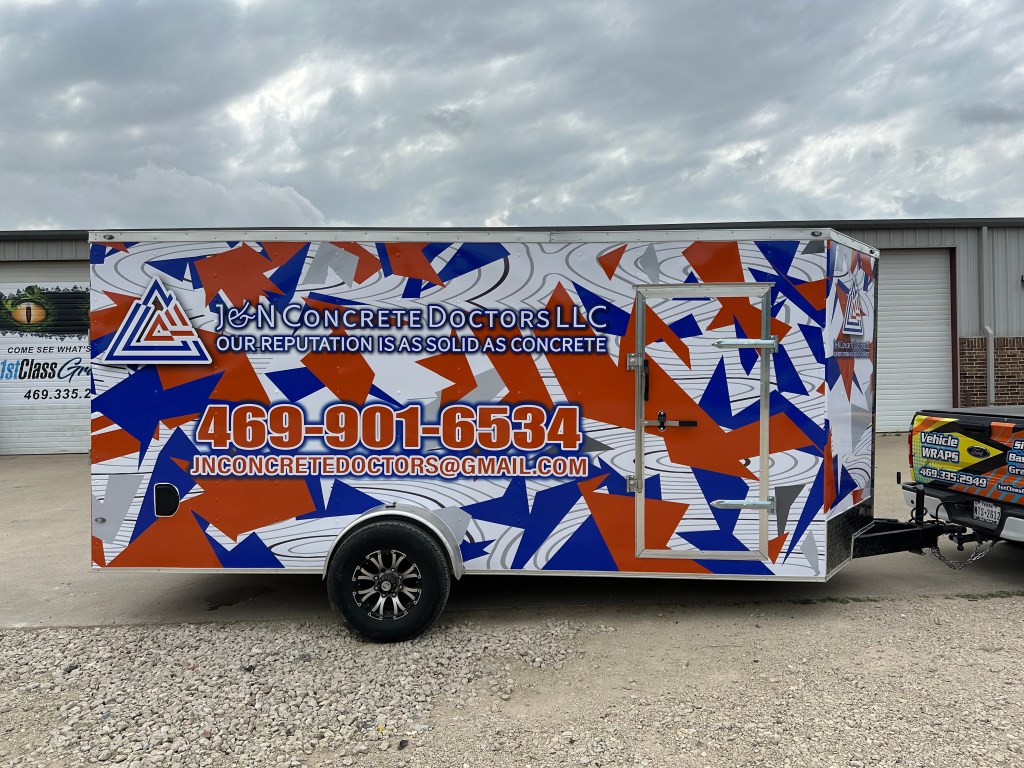 Trailer wrap for J&N Concrete Doctors LLC on a cargo trailer by 1st Class Graphics in Mansfield, TX