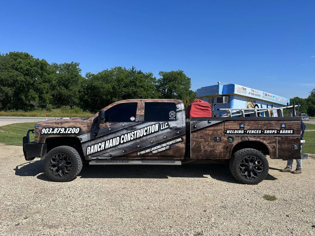 Full vehicle wrap for Ranch Hand Construction LLC on a pickup truck with utility bed by 1st Class Graphics in Mansfield, TX
