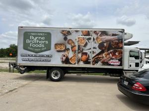 Partial wrap for Byrne Brothers Foods on a box truck by 1st Class Graphics in Mansfield, TX