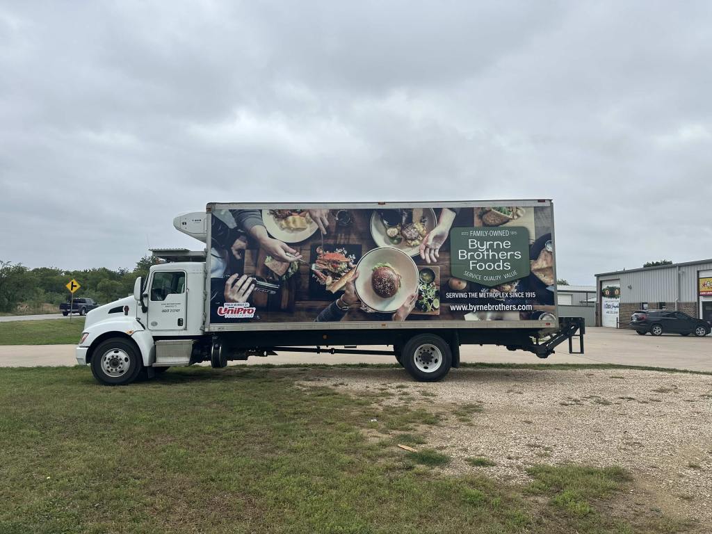 Partial wrap for Byrne Brothers Foods on a box truck by 1st Class Graphics in Mansfield, TX