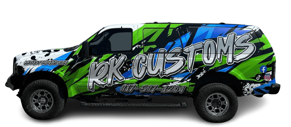 Full vehicle wrap for RK Customs on a vehicle by 1st Class Graphics in Mansfield, TX