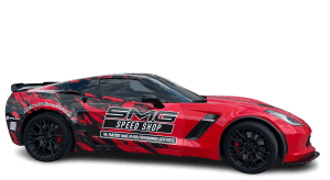 Partial wrap for SMG Speed Shop on a Chevrolet Corvette by 1st Class Graphics in Mansfield, TX