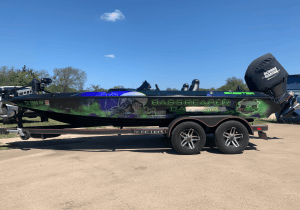 Full vehicle wrap for Bassreaper Bait Co on a Skeeter bass boat by 1st Class Graphics in Mansfield, TX