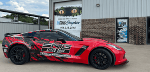Partial wrap for SMG Speed Shop on a Chevrolet Corvette by 1st Class Graphics in Mansfield, TX