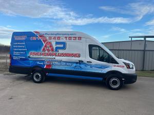 Van wrap for Anchor Plumbing Company on a Ford Transit by 1st Class Graphics in Mansfield, TX