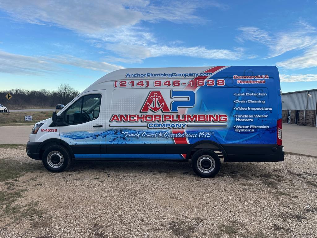 Van wrap for Anchor Plumbing Company on a Ford Transit by 1st Class Graphics in Mansfield, TX
