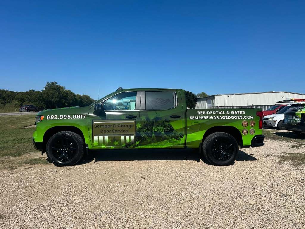 Full vehicle wrap for Semper Fi Garage Door Service on a pickup truck by 1st Class Graphics in Mansfield, TX