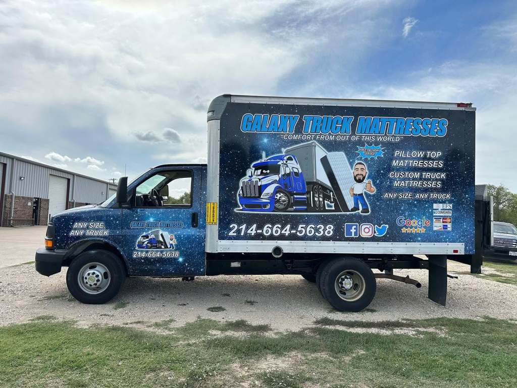 Full vehicle wrap for Galaxy Truck Mattresses on a box truck by 1st Class Graphics in Mansfield, TX