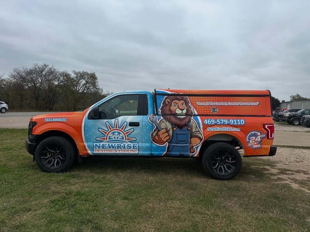 Full vehicle wrap for NewRise Heating & Cooling on a Ford F-150 by 1st Class Graphics in Mansfield, TX