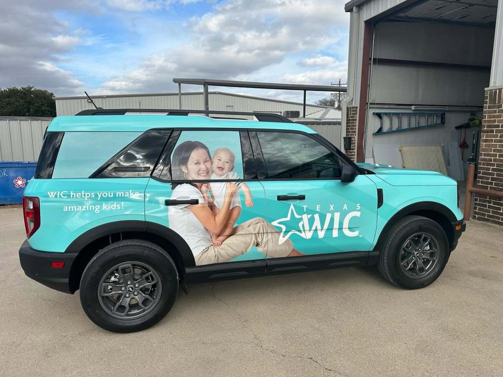 Full vehicle wrap for Texas WIC on a Ford Bronco Sport by 1st Class Graphics in Mansfield, TX