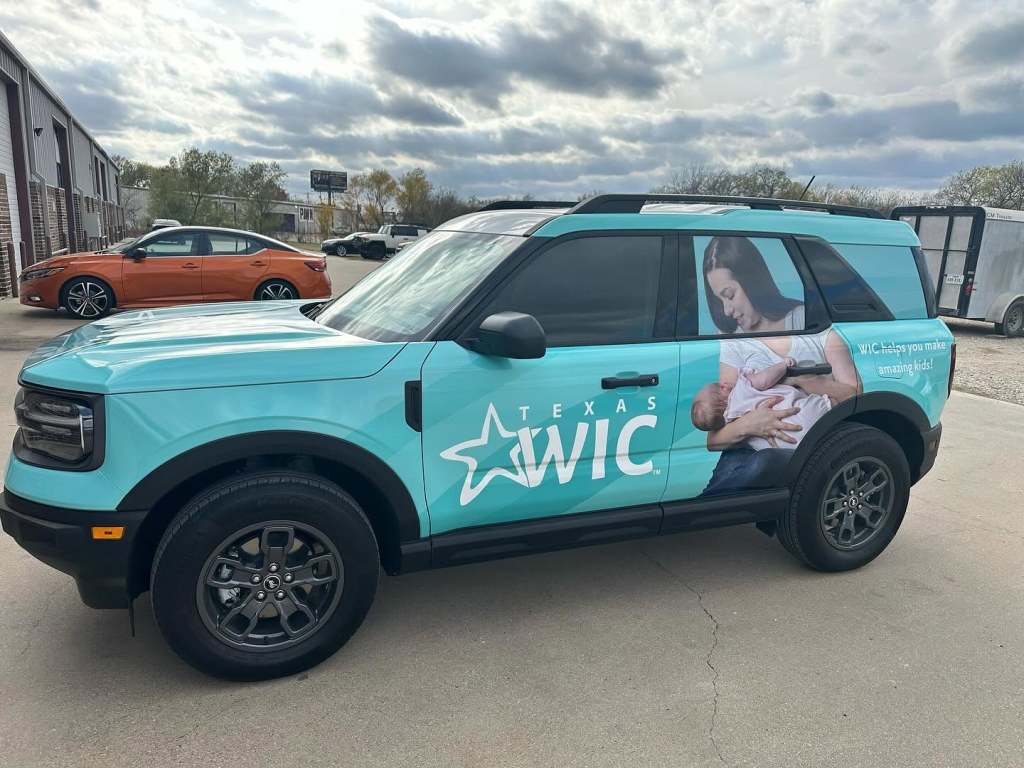 Full vehicle wrap for Texas WIC on a Ford Bronco Sport by 1st Class Graphics in Mansfield, TX