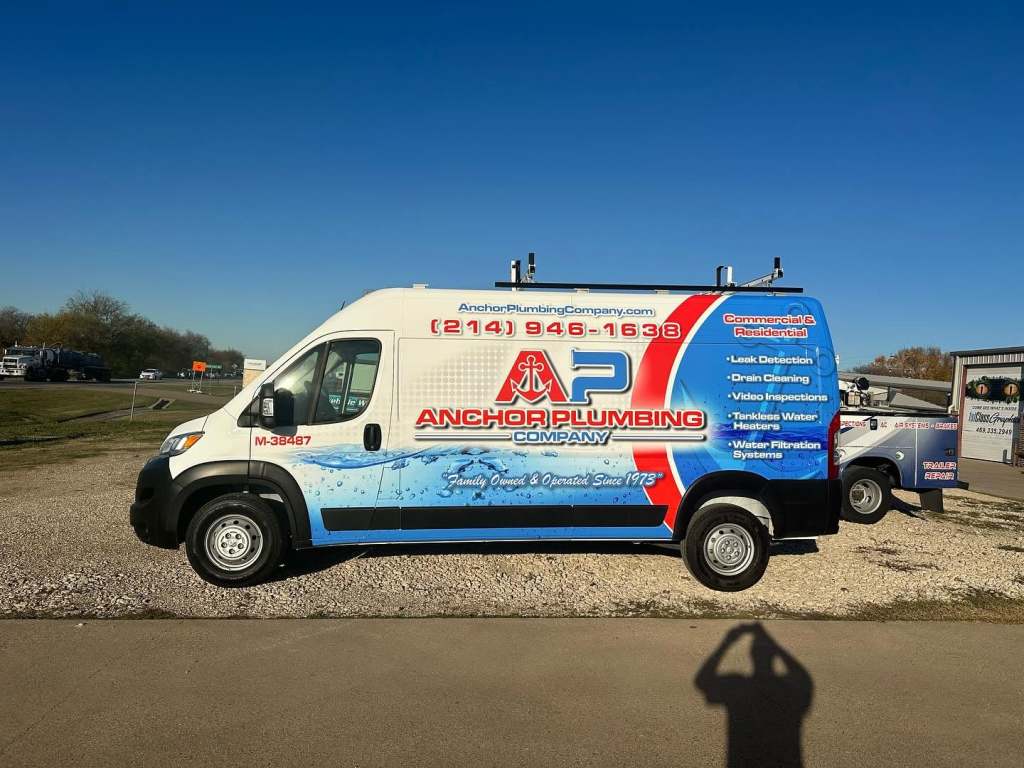 Van wrap for Anchor Plumbing Company on a Ram ProMaster by 1st Class Graphics in Mansfield, TX