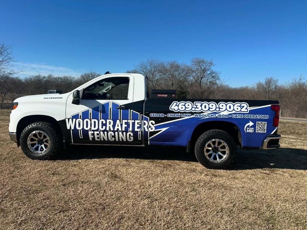 Partial wrap for Woodcrafters Fencing on a Chevrolet Silverado by 1st Class Graphics in Mansfield, TX