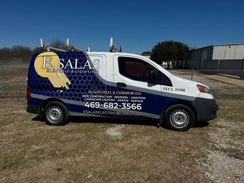 Van wrap for E. Salas Electric & Lighting on a Nissan NV200 by 1st Class Graphics in Mansfield, TX