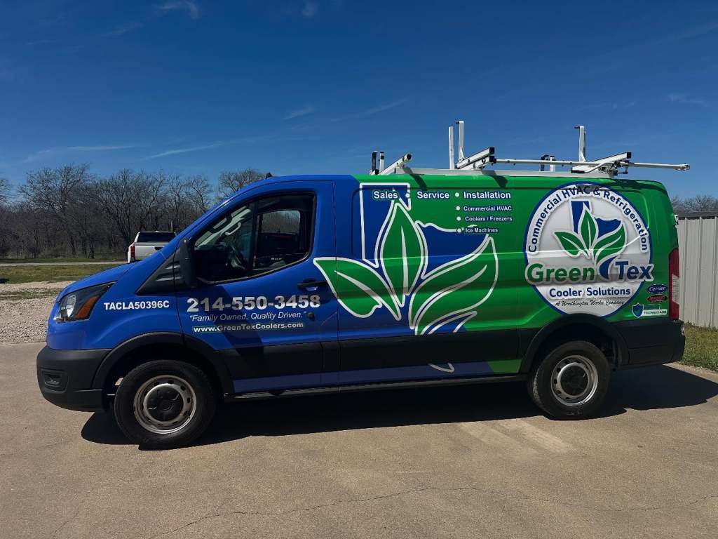 Van wrap for GreenTex Cooler Solutions on a Ford Transit by 1st Class Graphics in Mansfield, TX