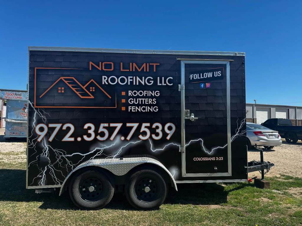 Trailer wrap for No Limit Roofing LLC on an enclosed trailer by 1st Class Graphics in Mansfield, TX