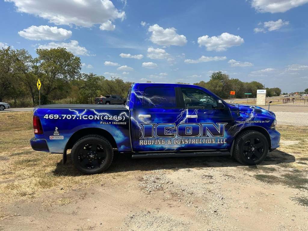 Full vehicle wrap for Icon Roofing & Construction LLC on a Ram 1500 by 1st Class Graphics in Mansfield, TX