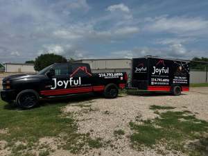Fleet graphics for Joyful Roofing and Construction on a truck and trailer by 1st Class Graphics in Mansfield, TX