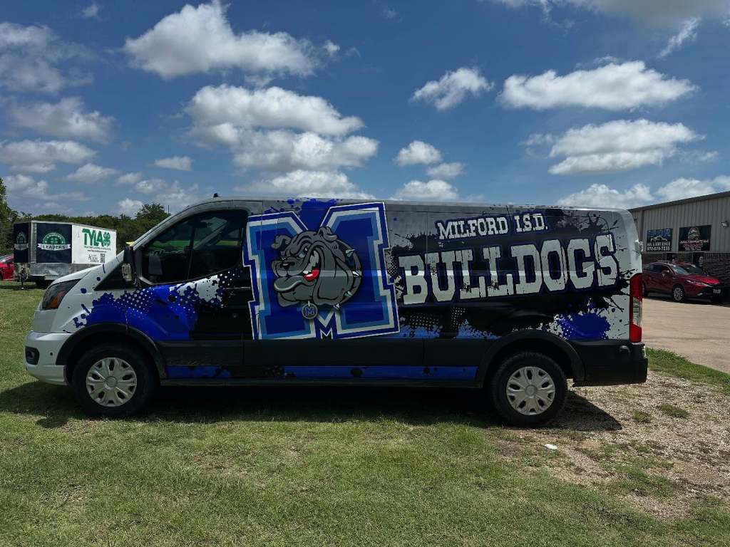 Van wrap for Milford I.S.D. Bulldogs on a Ford Transit by 1st Class Graphics in Mansfield, TX