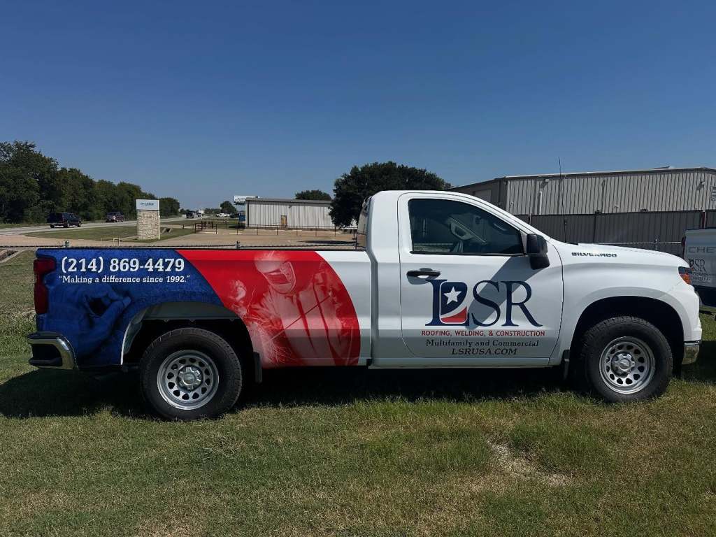 Partial wrap for DSR Roofing, Welding & Construction on a Chevrolet Silverado by 1st Class Graphics in Mansfield, TX