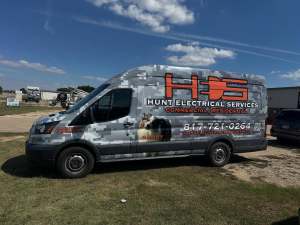 Van wrap for Hunt Electrical Services on a Ford Transit by 1st Class Graphics in Mansfield, TX