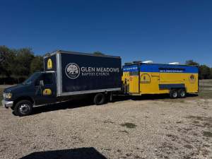 Fleet graphics for Glen Meadows Baptist Church on a box truck and trailer by 1st Class Graphics in Mansfield, TX