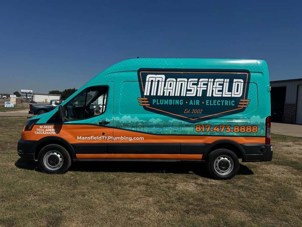 Van wrap for Mansfield Plumbing, Air & Electric on a Ford Transit by 1st Class Graphics in Mansfield, TX