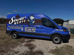 Van wrap for Sewer Medic on a Ford Transit by 1st Class Graphics in Mansfield, TX