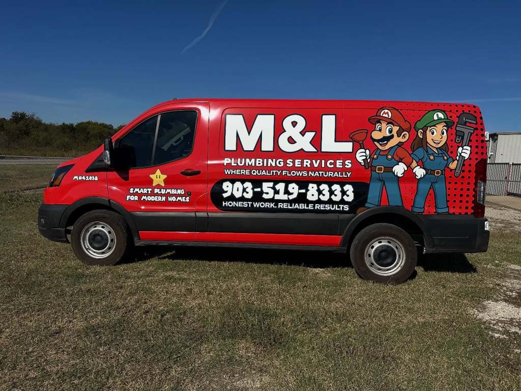 Van wrap for M&L Plumbing Services on a Ford Transit by 1st Class Graphics in Mansfield, TX
