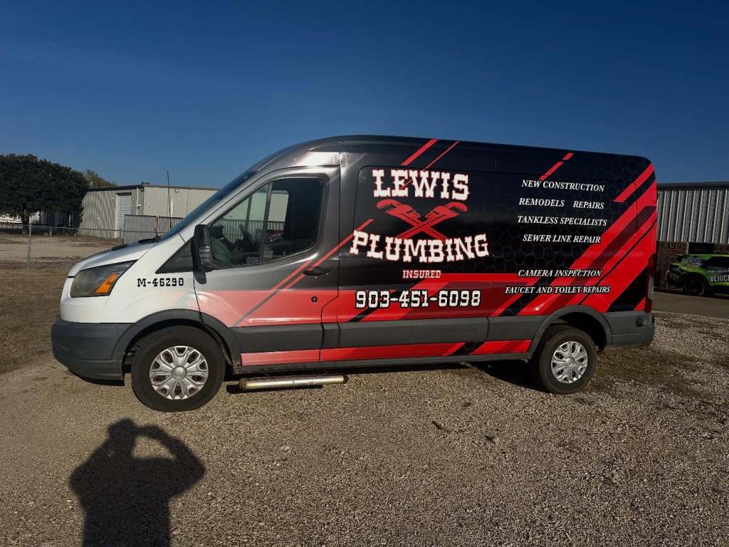 Van wrap for Lewis Plumbing on a Ford Transit by 1st Class Graphics in Mansfield, TX