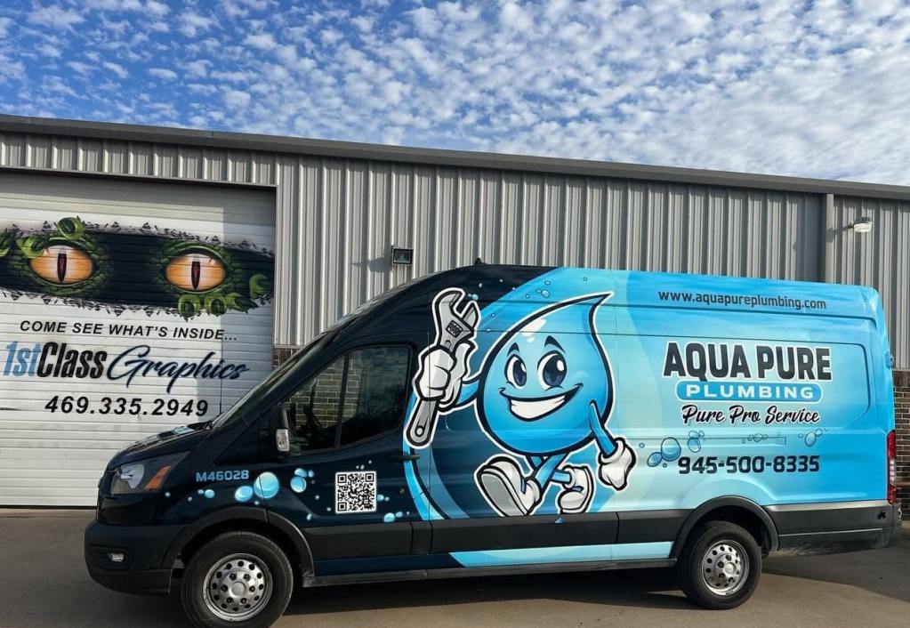 Van wrap for Aqua Pure Plumbing on a Ford Transit by 1st Class Graphics in Mansfield, TX