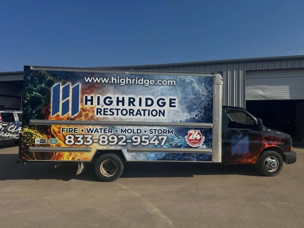 Full vehicle wrap for Highridge Restoration on a box truck by 1st Class Graphics in Mansfield, TX