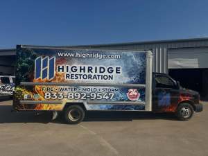 Full vehicle wrap for Highridge Restoration on a box truck by 1st Class Graphics in Mansfield, TX