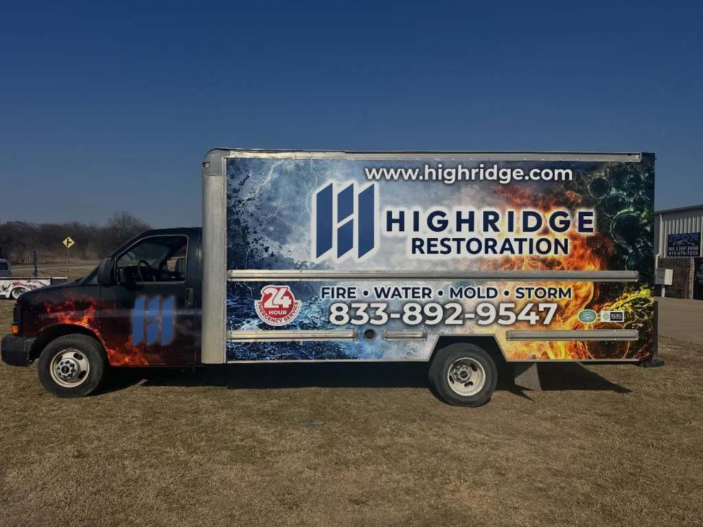Full vehicle wrap for Highridge Restoration on a box truck by 1st Class Graphics in Mansfield, TX